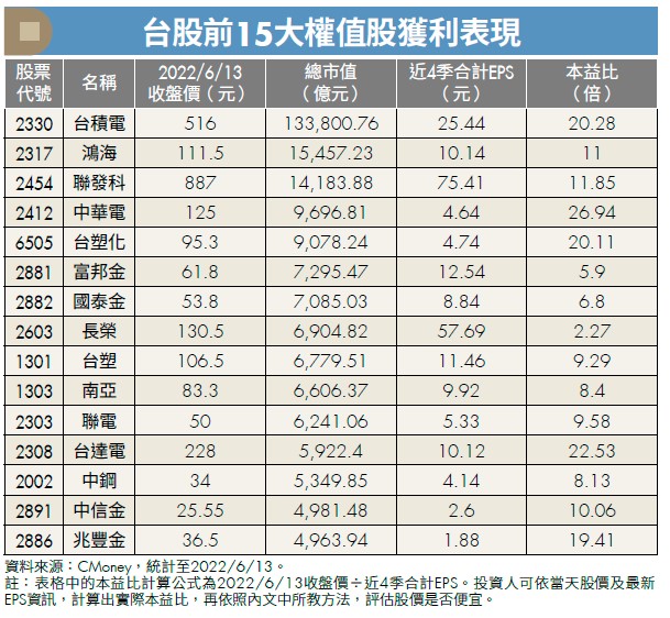 台股前15大權值股獲利表現